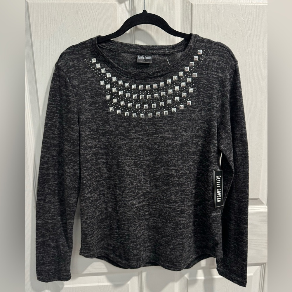 Olivia Jordan Dark Gray Beaded/Embellished Long Sleeve Crew Neck Blouse. Size M.